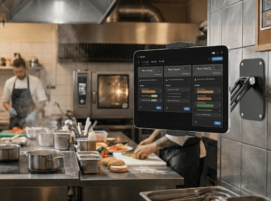 La pantalla de cocina en la pared de una cocina de restaurante